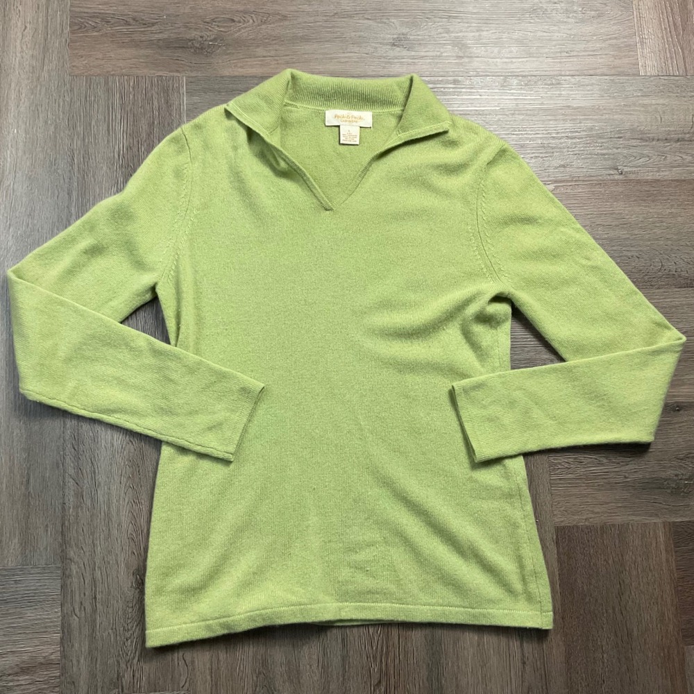 Peck & Peck Cashmere V Neck Collared Pullover Sweater Womens Large Lime Green